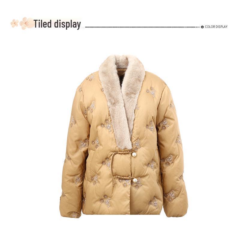 New Arrival: Embroidered Patchwork Down Jacket with Fur Collar for Middle-Aged & Elderly Mothers - Chinese Style Winter Outerwear