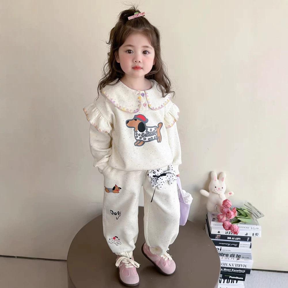 Girls Spring Autumn Dachshund Print Sweet Collar Sweatshirt and Pants Set