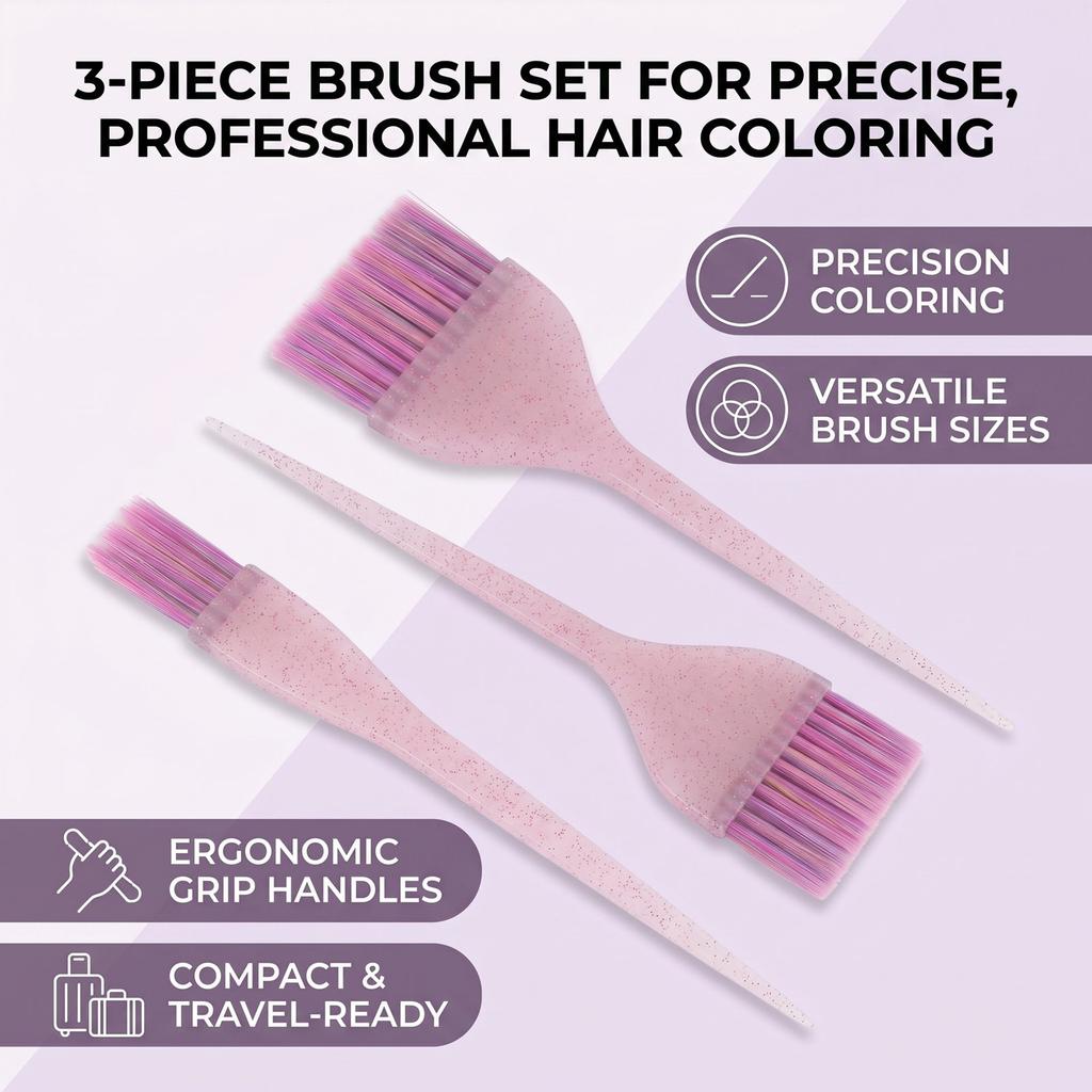 3pcs Hair Dye Brush Long Handle DIY Multiple Sizes Precise Application Compact Tint Brushes for Hair Coloring Glitter Pink Dot