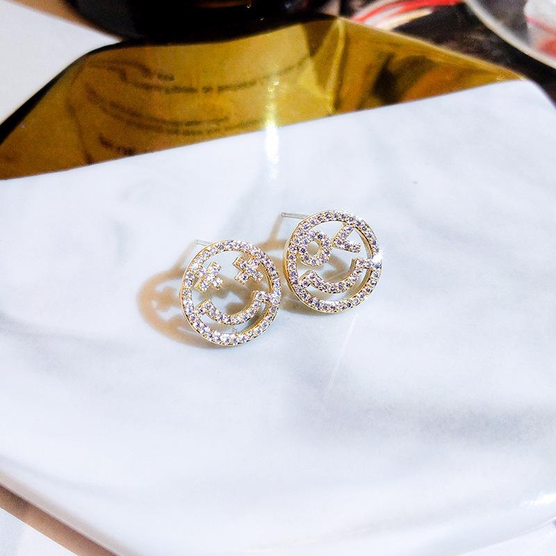 Full Diamond Smiley Earrings for Women with Sterling Silver Korean Temperament Earrings for The New Year Trendy Simple and Cold Style Earrings