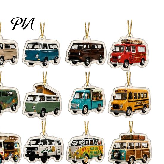 Regalo de Navidad para Viajeros Calendario de Adviento para Furgoneta Camper de 24 Días, Juego de Adornos Colgantes Acrílicos Retro con 24 Diseños Únicos en Miniatura, Decoración de Cuenta Atrás