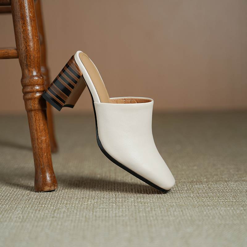 Krazing Pot Mules Cow Skin Basic Clothing Spring Summer Size 43 Size 42 Sandals Women Thick Heels Women Square Toe Slip On Pumps