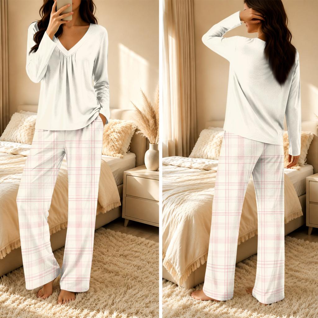 Women's Casual V-Neck Printed Pajama Set with Loose Fit Top and Pants for Sleep and
