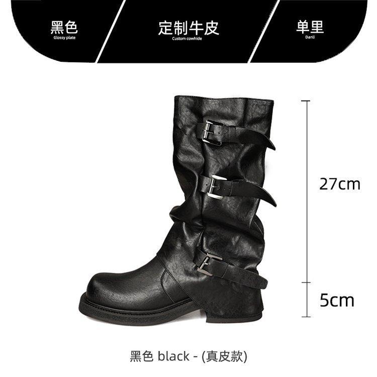 Korean ins~ Amber Soft Leather Wasteland Wind Pile Boots Women's Belt Buckle Height Increasing Skinny Medium Boots Pant Tube Boots