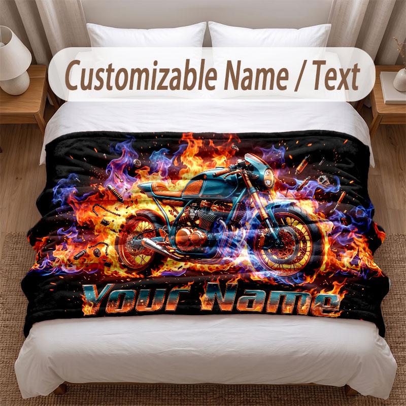 Motorcycle Biker Theme Soft Blanket Personalized Custom Name Text Print Warm Blanket Home Sofa Bedroom Decor