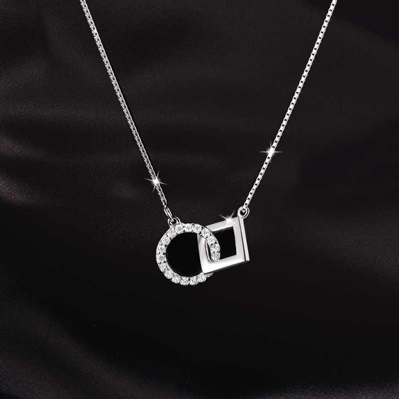 S925 Sterling Silver Necklace Square Circle Double Ring Pendant Jewelry Elegant Fashion Jewelry Gifts 925 silver
