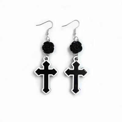 Gothic Black Rose Earrings with Cross Pendant - Religious Crucifix Jewelry for Women's Party & Gothic Style Accessories