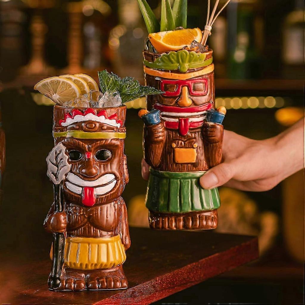 4 Set Exotic Cocktail Tiki Mugs for Tropical Party Bar, Colorful Ceramic Drinkware, 16 oz Capacity, Durable Design