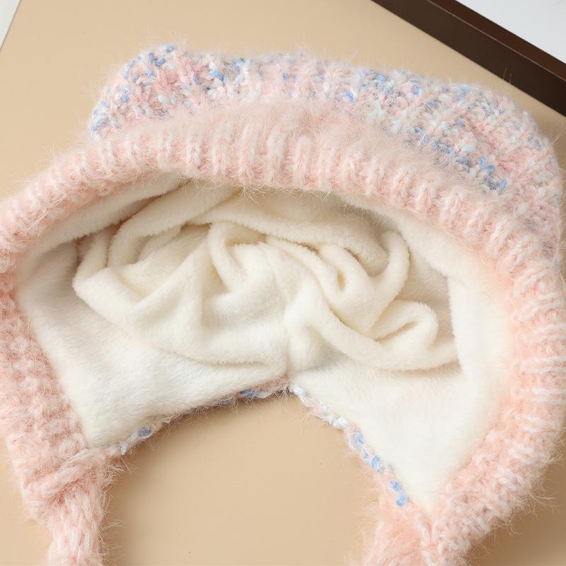 Korean Cute Colorful Bear Ear Wool Ball Cap Autumn and Winter Casual Cold Warm Hat Showing Face Small Knitted Wool Cap