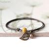 Ethnic Style Anklet For Women Vintage Bronze Leaf & Bell With Colorful Ceramic Bead Pendant On Leather Rope