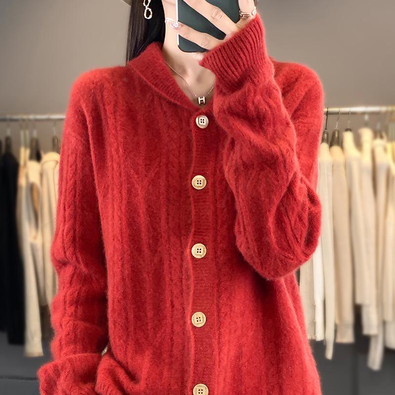 Women's Thick Woolen Cable Knit Cardigan with Lapel - Autumn/Winter Long Sleeve Cashmere Knitwear.