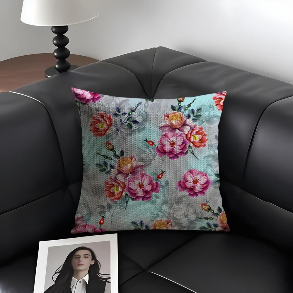 Classic Floral Print Elegant Cushion Cover Natural Linen Organic Fabric Double-Sided Printing Sofa Home Decor Gift Pillow Case