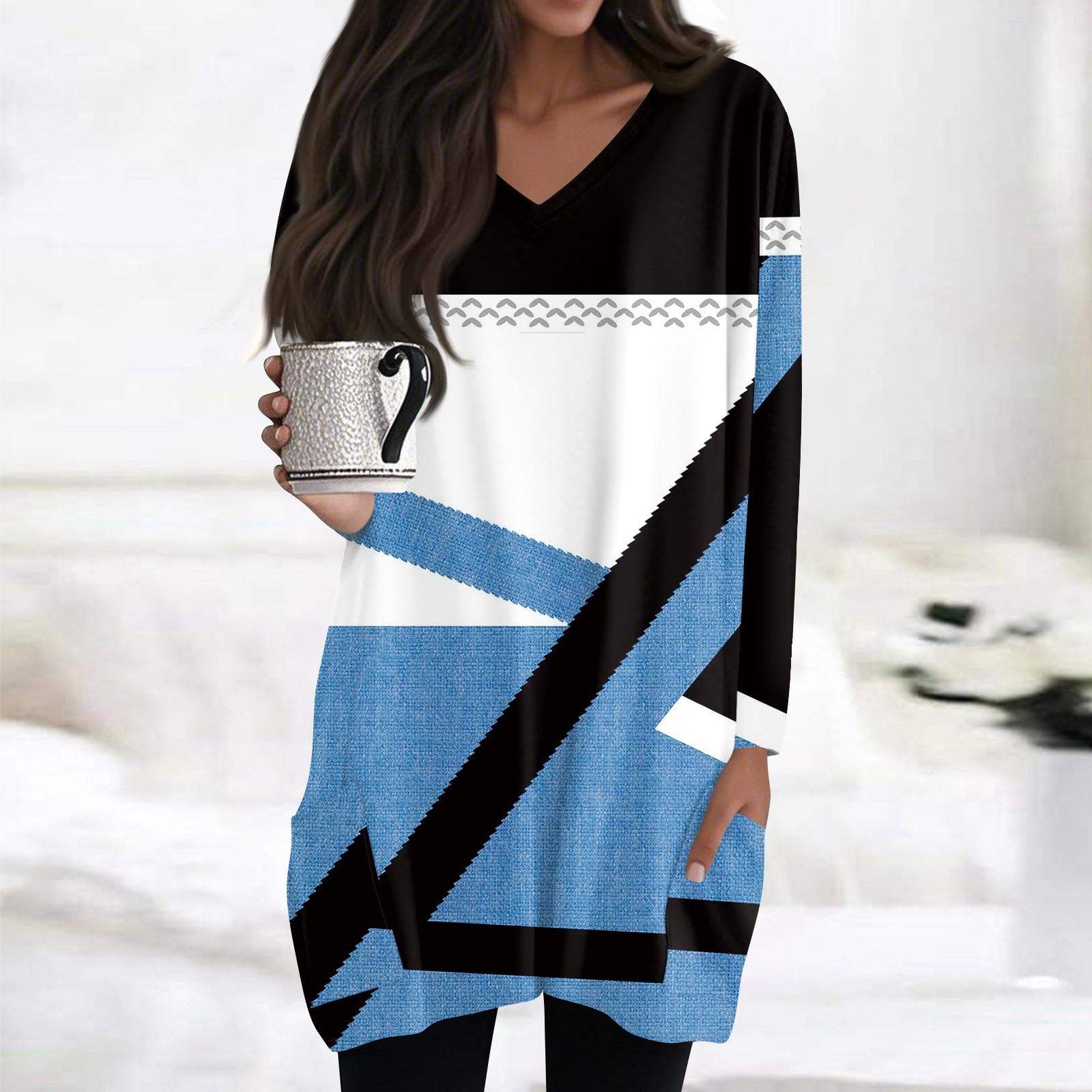 

Женские топы с V-образным вырезом и длинным рукавом, повседневные блузки средней длины, модные туники с принтом и карманами XXL синий