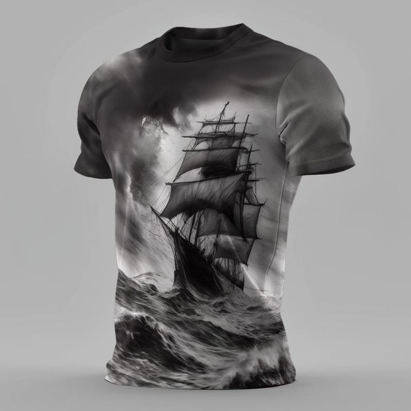 Summer Men Classic Vintage Sailing Pattern 3d Printed T-shirt Short Sleeve Loose Breathable Man T Shirt Plus-Size Casual Top