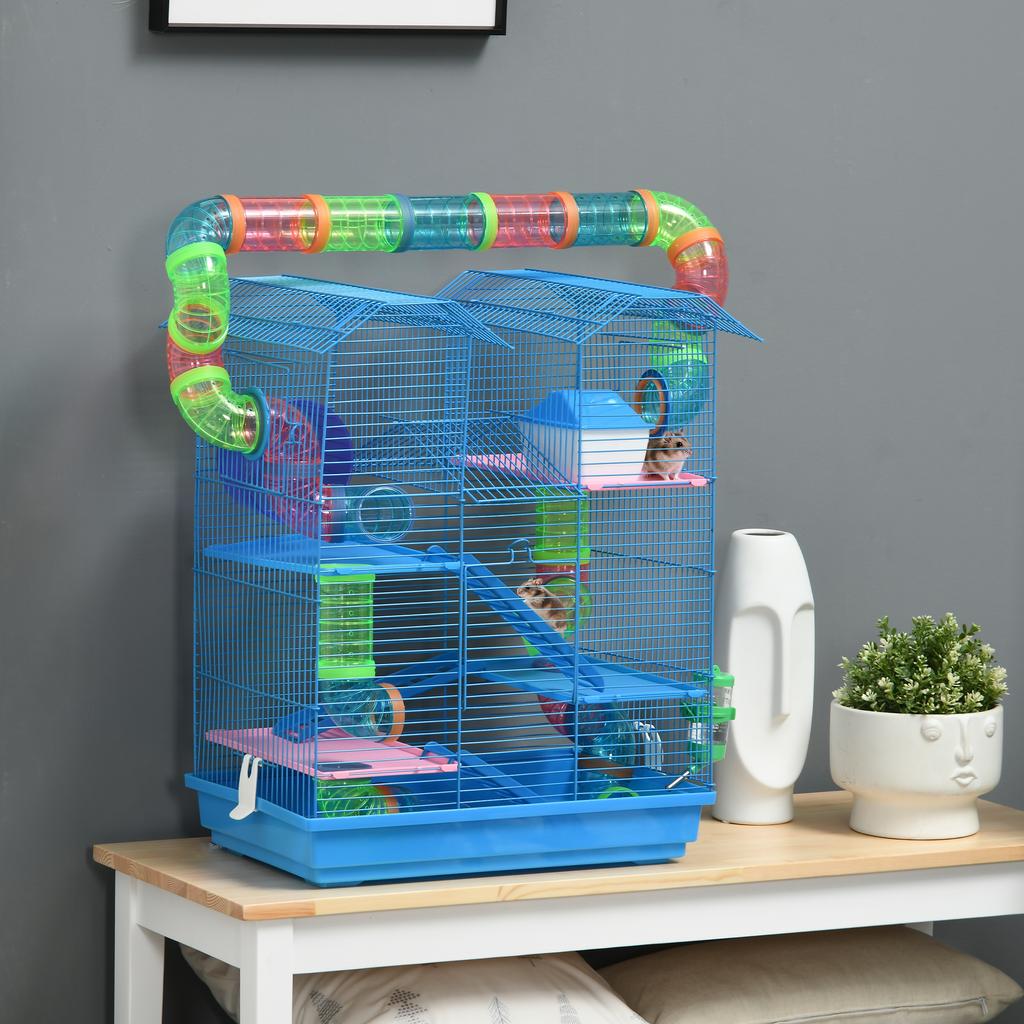 Hamster Cage, 5 Tier Carrier Habitat with Exercise Wheels Tunnel Tube Water Bottle Dishes House Ladder, Gerbil Cage for Dwarf Mice, Blue