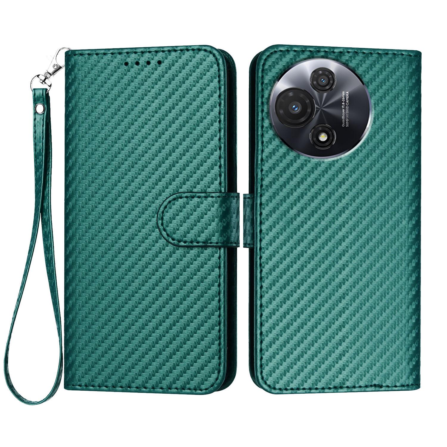 

For TCL 60R 5G Wallet Case with Strap Carbon Fiber Texture Leather Mobile Cover Blackish Green