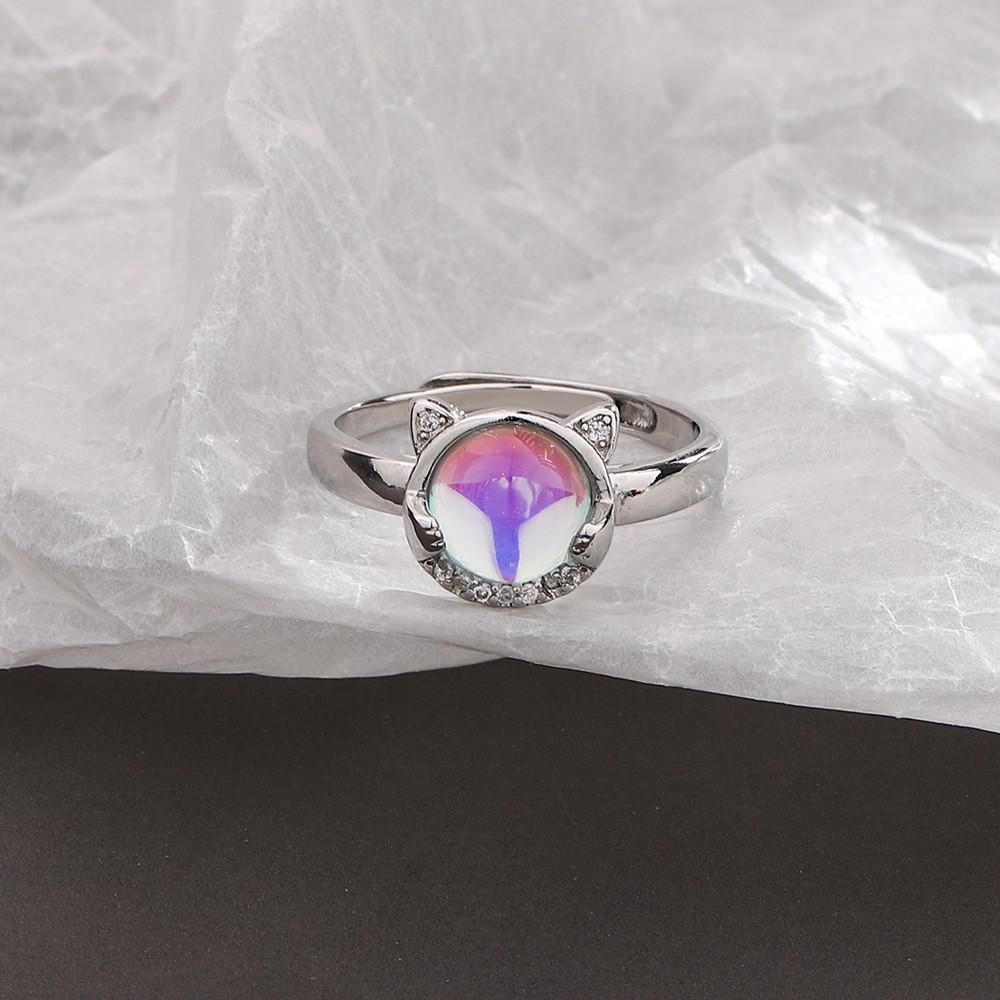 Elegant And Simple Copper Cat Ring With Rainbow Moonstone Fashionable Accessory Hand