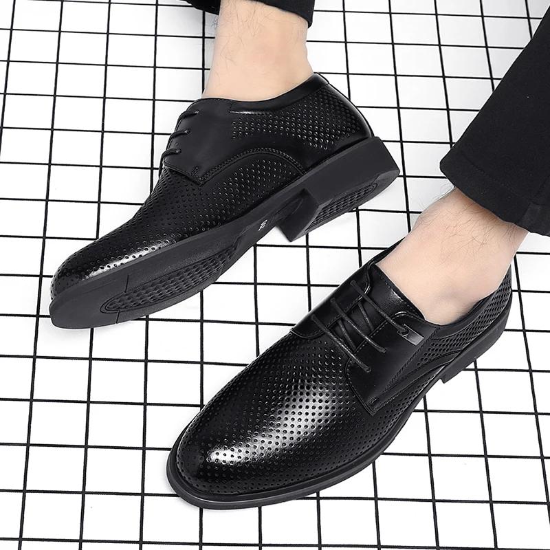 Fashion Men Flat / 6CM Heightening Elevator Shoes Hollow Breathable Business Formal Leather Shoes Man British Dress Casual Wedding Shoes