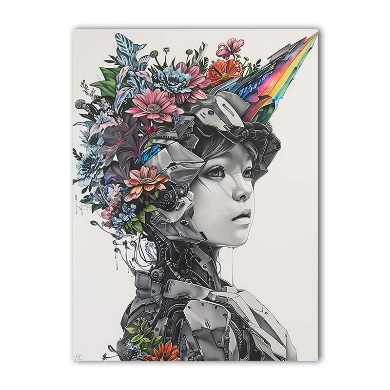 Nordic Wall Art Pretty Robot Girl Flowers Canvas Painting Modern Style Poster Prints Living Room Home Wall Decor