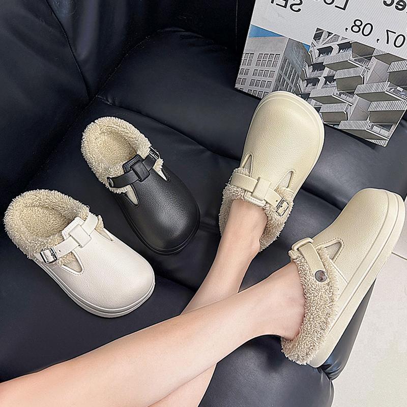 Fashion Autumn Winter Fur Clog Slippers Women 2025 Lightweight Non Slip Indoor Cotton Slippers Woman Buckle Decor Soft Sole Birken Shoes