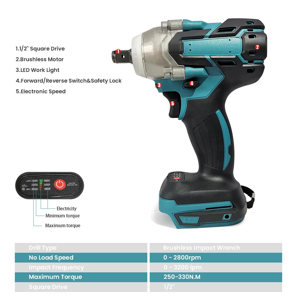 21V Cordless Rechargeable Electric Impact Brushless Wrench 1/2'' Dual Purpose Accumulator Spanner Screwdriver Compatible 18V MKT