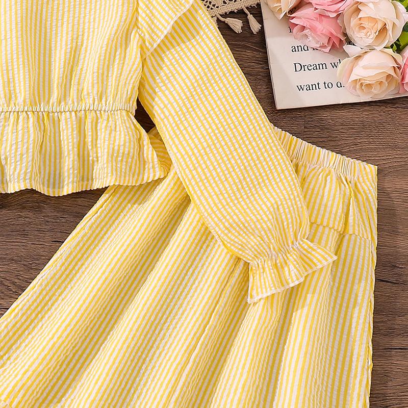 Girls' Big Children's Suit Children's Wear Autumn New Casual Striped V-Neck Lace Long Sleeve Short Top Skirt