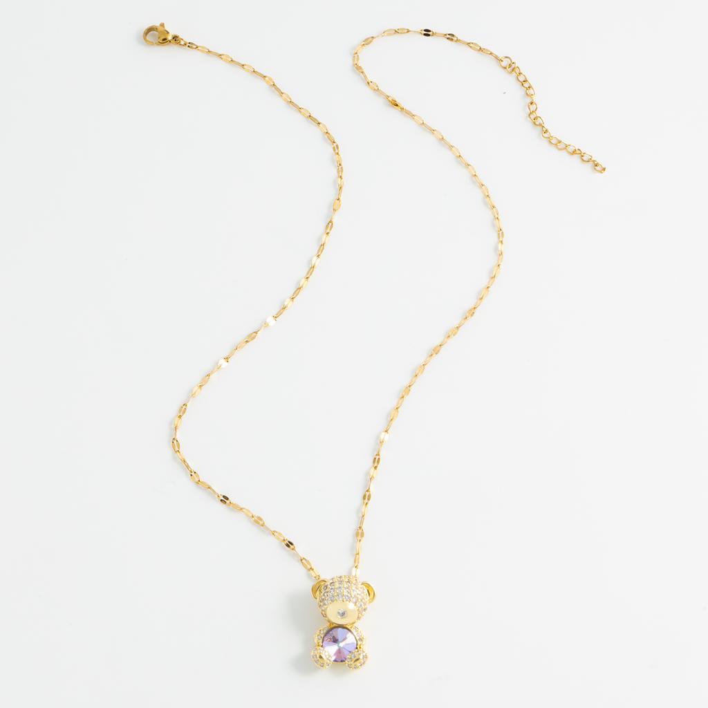 Little Bear Embracing Colorful Zircon Women's Party Stainless Steel Plated 18K Gold Hypoallergenic Jewelry Pendant Necklace