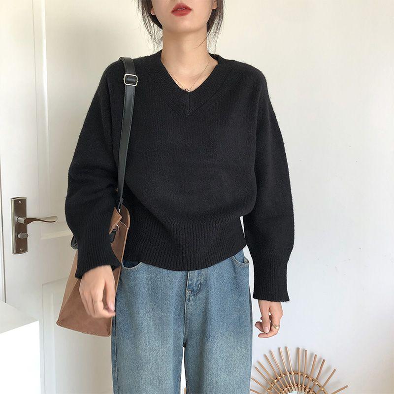 Women's Autumn & Winter French V-Neck Sweater Japanese Lazy Style Retro High-End Knit Top Outer Wear