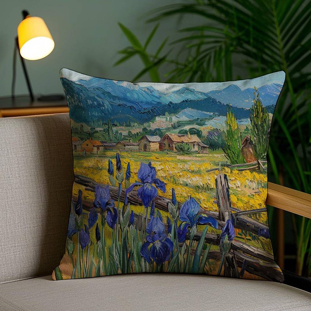 

Hand-painted Iandscape Oil Painting Pillow Case Anti-dustmite Pillowcase Invisible zipper silky short plush Sofa cushion cover 12x12Inch