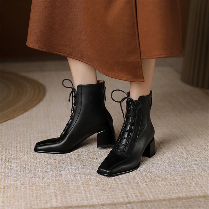 Fashion 2025 Autumn Women Boots Square Toe Back Zipper Women Shoes Chunky Heels Shoes for Women High Heel Boots Vintage Leather Shoes