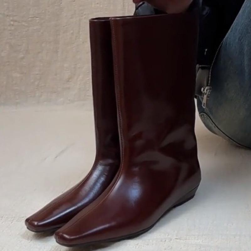 Long Women Boots Leather Small Square Head Wedge Mid Tube Boots Women's 2025 New Versatile Loose Tube Short Boots Woman