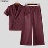 Two Pieces Men Lapel Neck Striped Short Sleeve Thin Blazer and Long Pants Sets Nonelastic