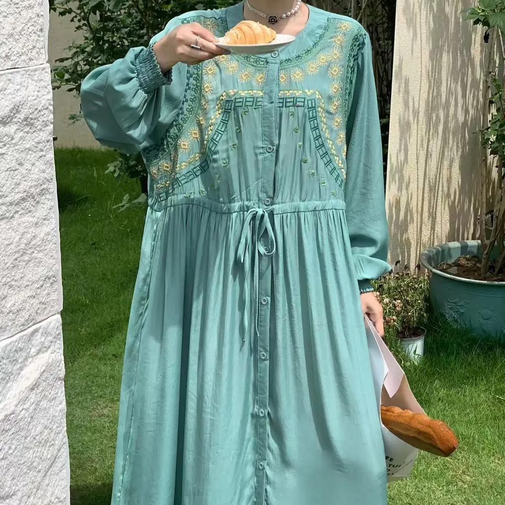 Vintage Zelený Župan s Dlouhým Rukávem Podzimní Novinka O-Výstřih Výšivka Společenské Šaty Design se Stahováním v Pase Rovný Střih