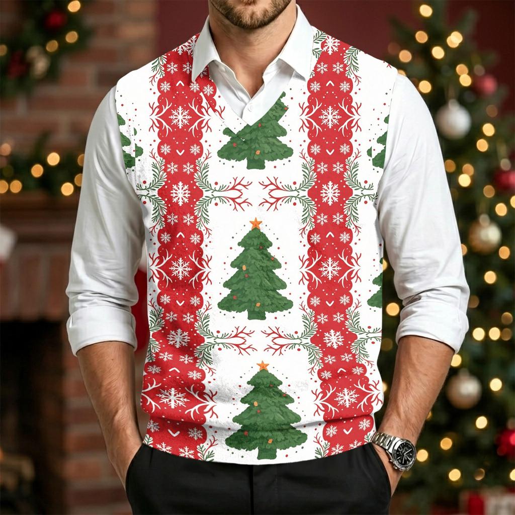 Herre Uld V-hals Strikket Sweater Vest, Juleprint Ærmeløs Pullover til Feriependling