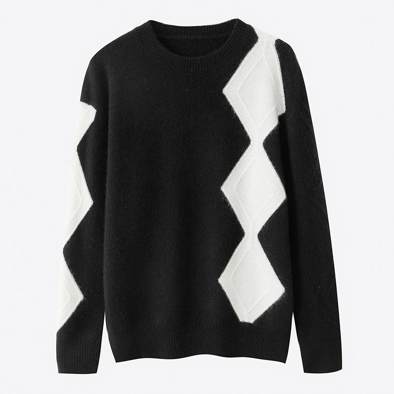 Women's Loose Fit Cashmere Diamond Plaid Knit Sweater - Autumn/Winter Round Neck Color Block Outerwear