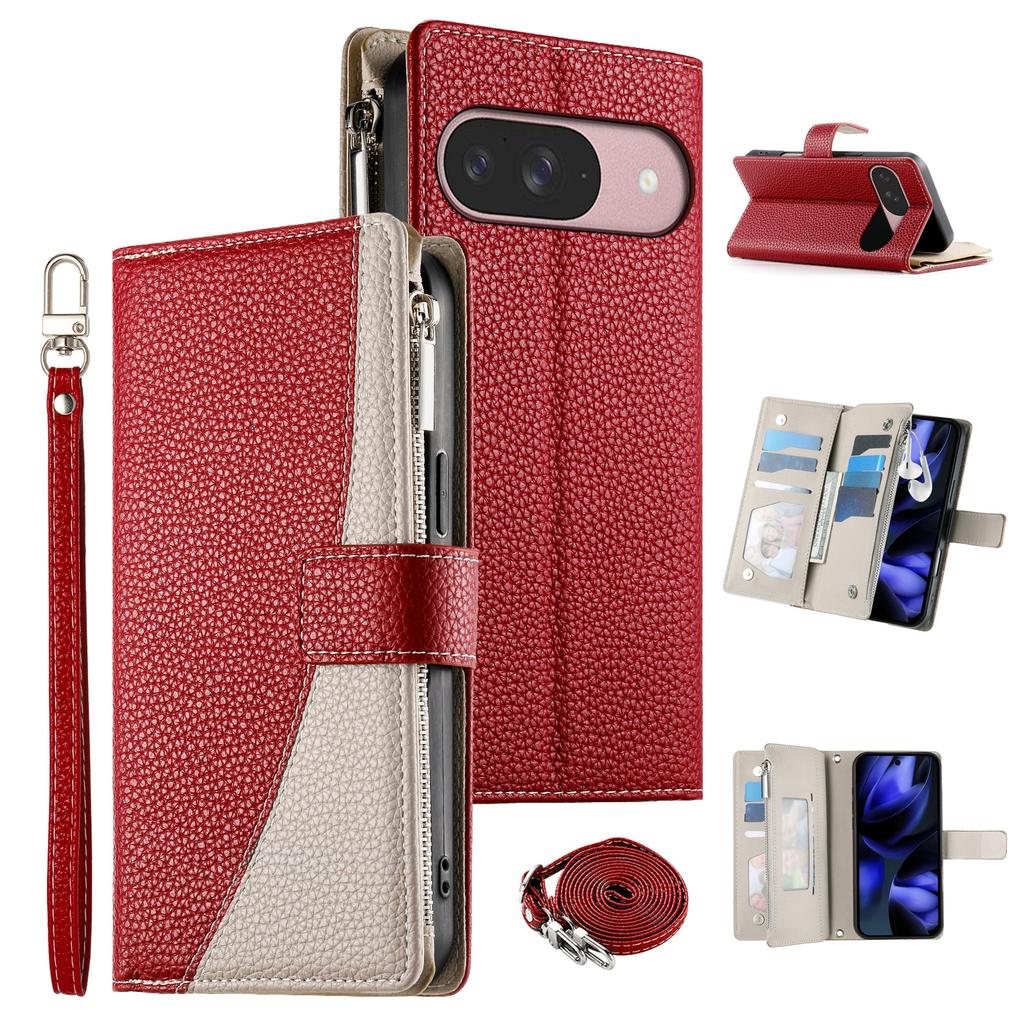 Leather Case For Google Pixel 10 Pro/10/9 Pro/9 Zipper Wallet Color Splicing Flip Phone Cover with Straps