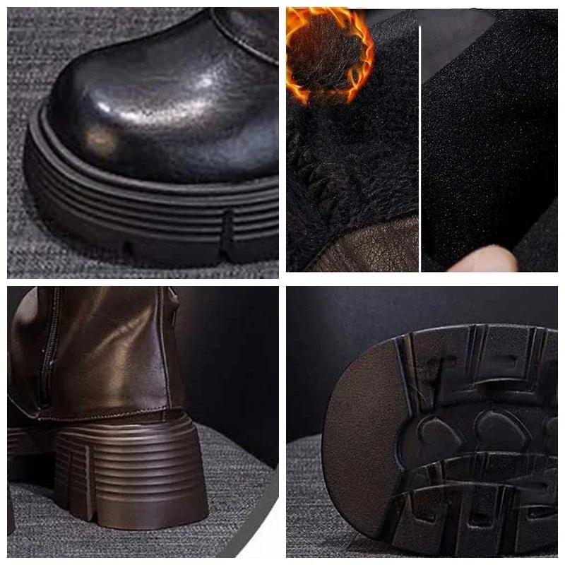 Fashion 6.5cm New Microfiber Leather Spring Round Toe Winter Plush Fashion Ladies Shoes Autumn Boots Women Ankle Booties Chimney