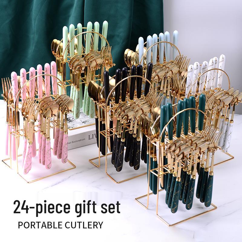 Set de tacâmuri din oțel inoxidabil cu model marmorat, 24 de piese - Cuțite, furculițe și lingurițe pentru desert