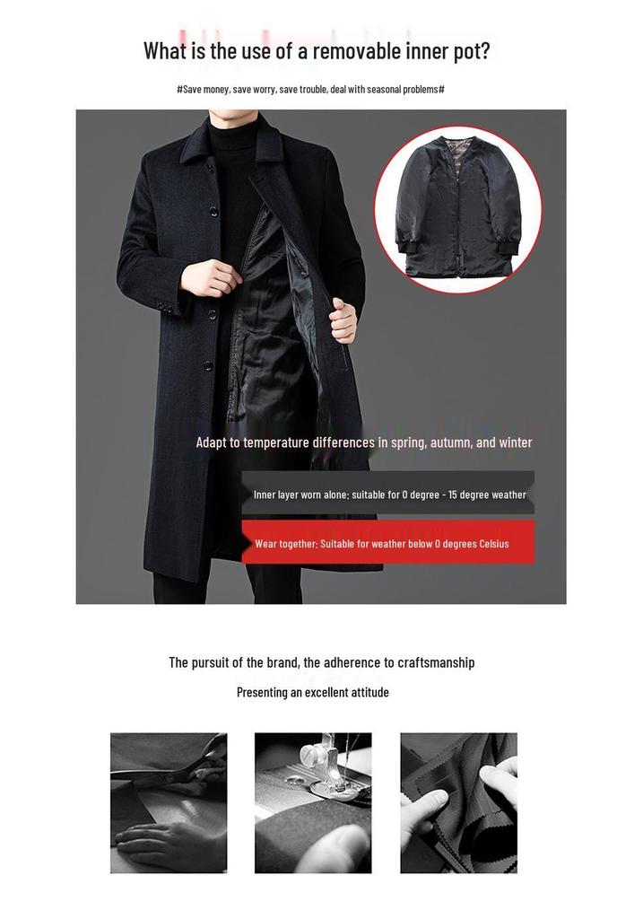 Men's Korean Style Detachable Down Liner Wool Overcoat, Winter 2025