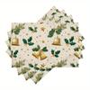 4pcs Festive Christmas Placemats with Golden Bells & Holly Design 12x18 Inch, Durable Polyester Table Mats for Holiday Dining