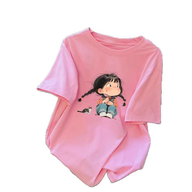 2026 Cross Girl Cartoon Print Loose Plus Size Short Sleeve Women's T-shirt - New Summer Fashion