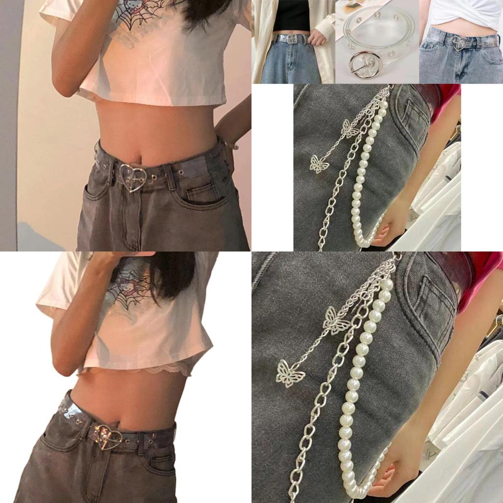 Stylish Transparent Heart Double Row Waist Belt Accessory For Denim Jeans And Outfits With Butterfly Pearl Decoration