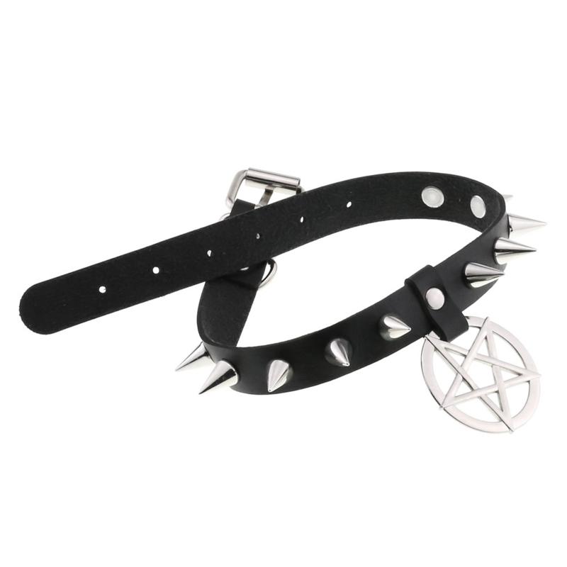 Spiked Choker Necklace PU Leather Goth Choker Collar with Pentagrams Pendant Punk Rock Collar Adjustable for Women Men