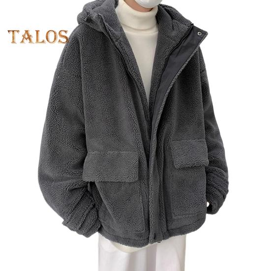 

Мужская куртка с капюшоном и длинными рукавами, большие карманы, пальто из искусственной овечьей шерсти, осень-зима, свободная верхняя одежда L темно-серого