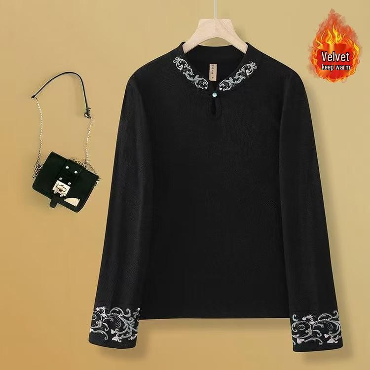 

Women s Chinese Style Embroidered Velvet Base Layer Shirt - Stand Collar, Long Sleeve, Slimming Solid Color, Autumn/Winter 2XL (57-63 kg) чёрный