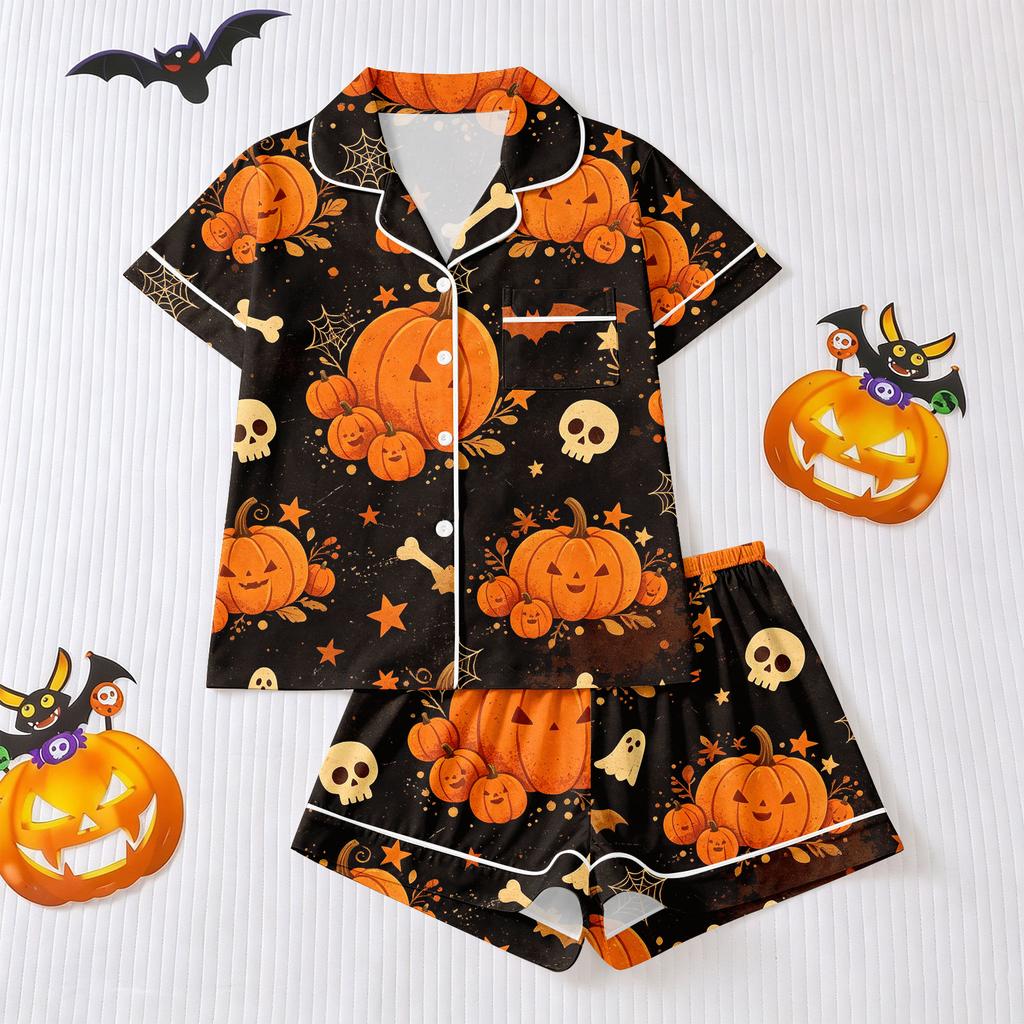 Women's Halloween Pajama Set Short Sleeve Button Down Shirt and Shorts 2-Piece Sleepwear
