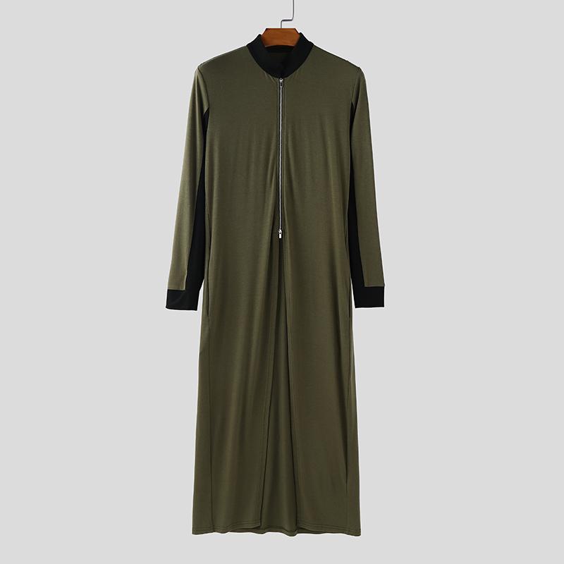 INCERUN Men Stitching Stand Neck Long Sleeve Zip-up High Splits Long Cardigan Coats