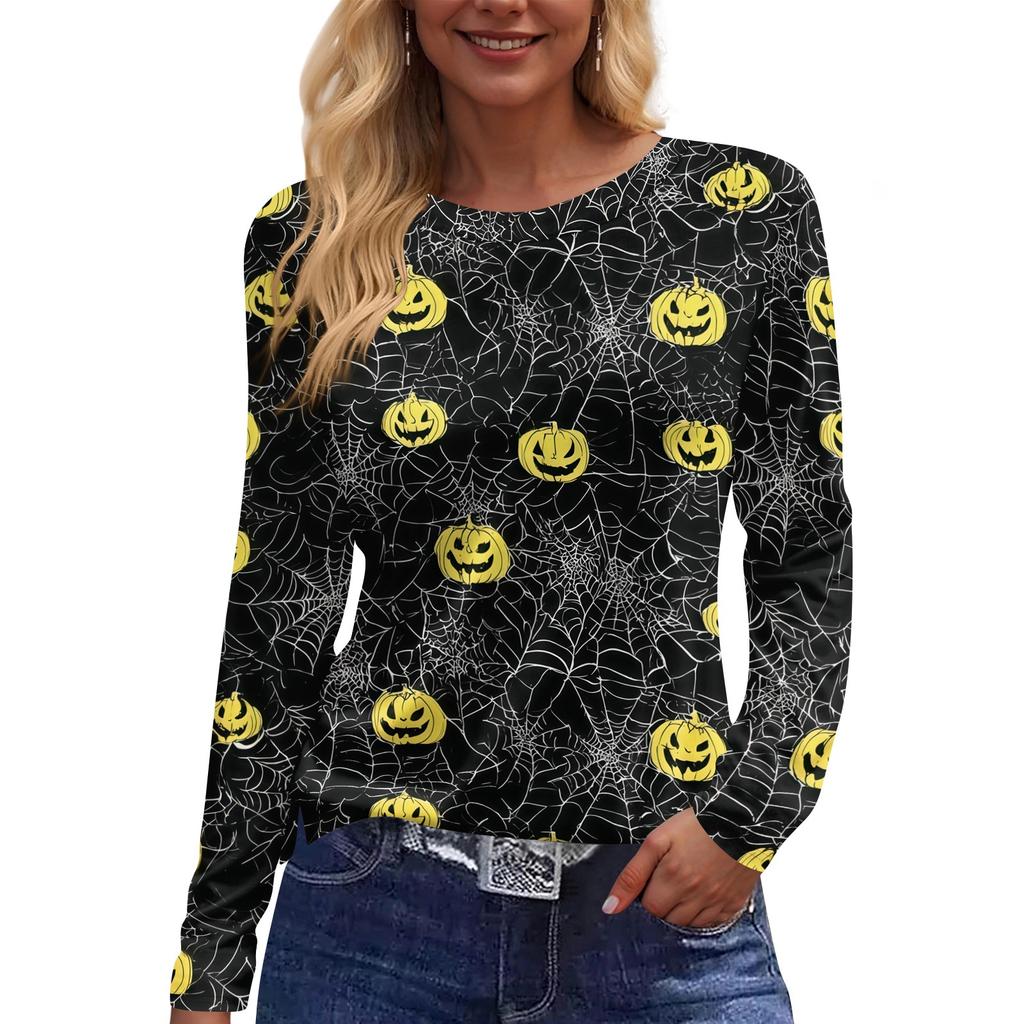 Women's Halloween Print Long Sleeve Top with Round Neck and Hem Slit