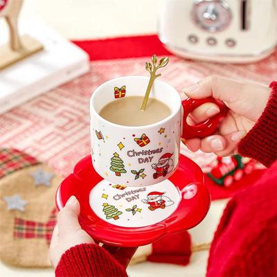 1Set Ceramic Cup and Saucer Set with Spoon Christmas Themed Cartoon Coffee Cup Water Cup Drink Milk  Gift Box Packaging