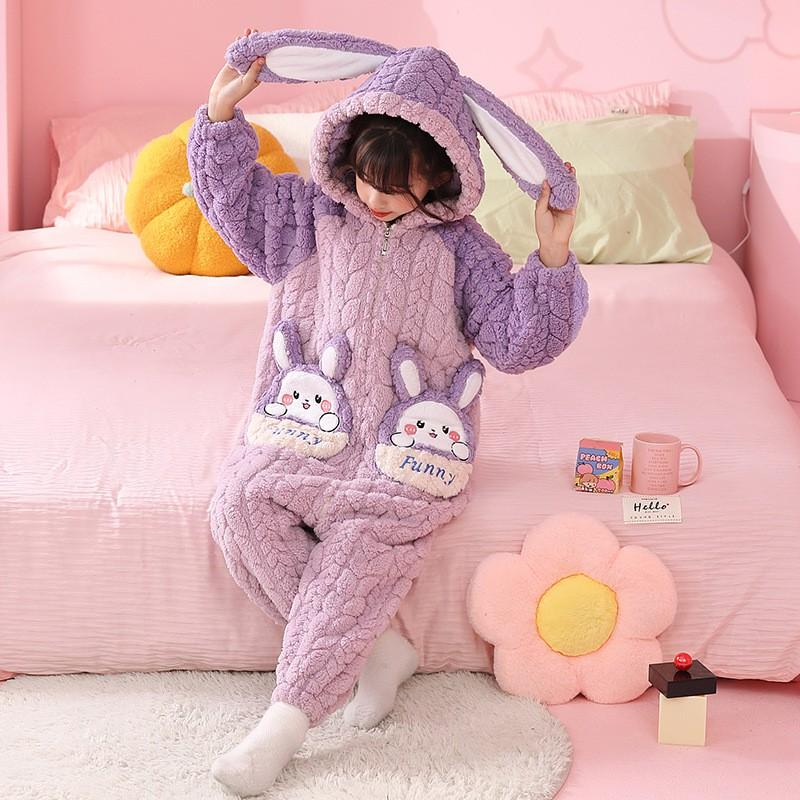 Girls Warm Coral Fleece Pajama Set With Feet Winter Sleepwear Toddlers 3-8 Years Soft Cozy One-Piece Sleepsuit